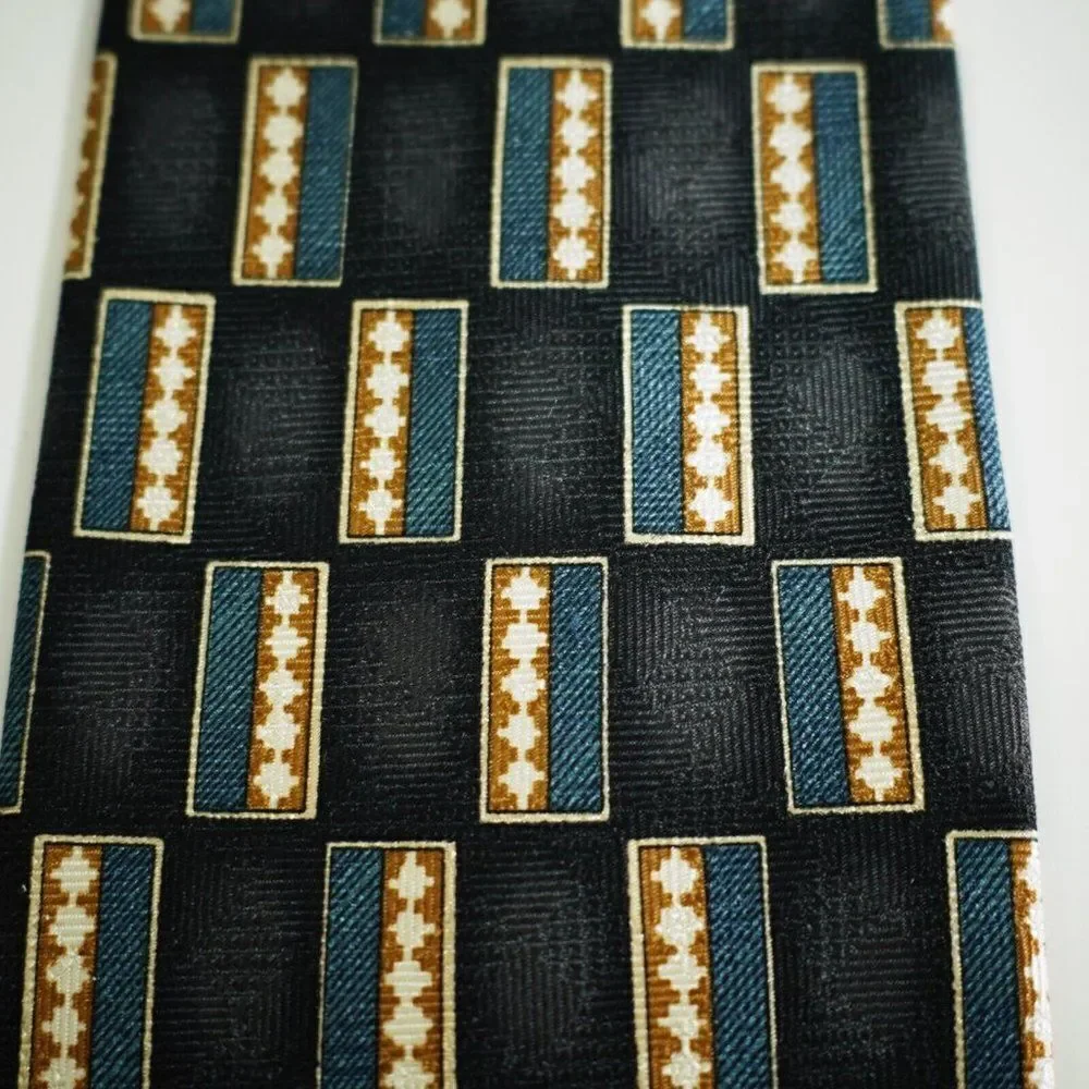 Louis Roth Black Blue Tan Abstract Geometric ‎ Jacquard Print Wide Silk Tie